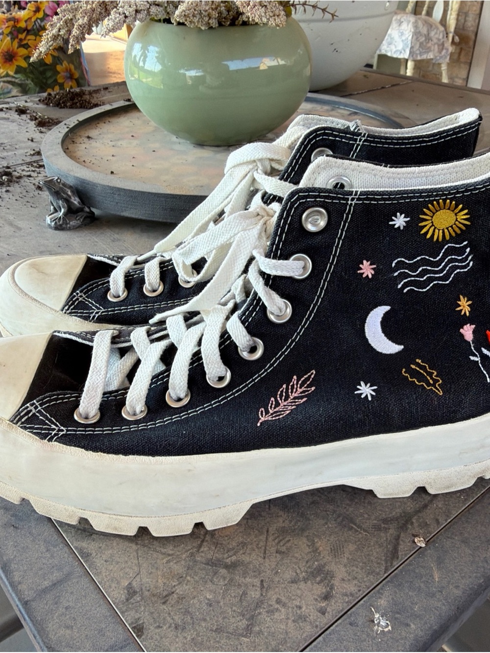 Converse Black High-Top Sneakers with White Accents and Floral Embroidery - Picture 6 of 9